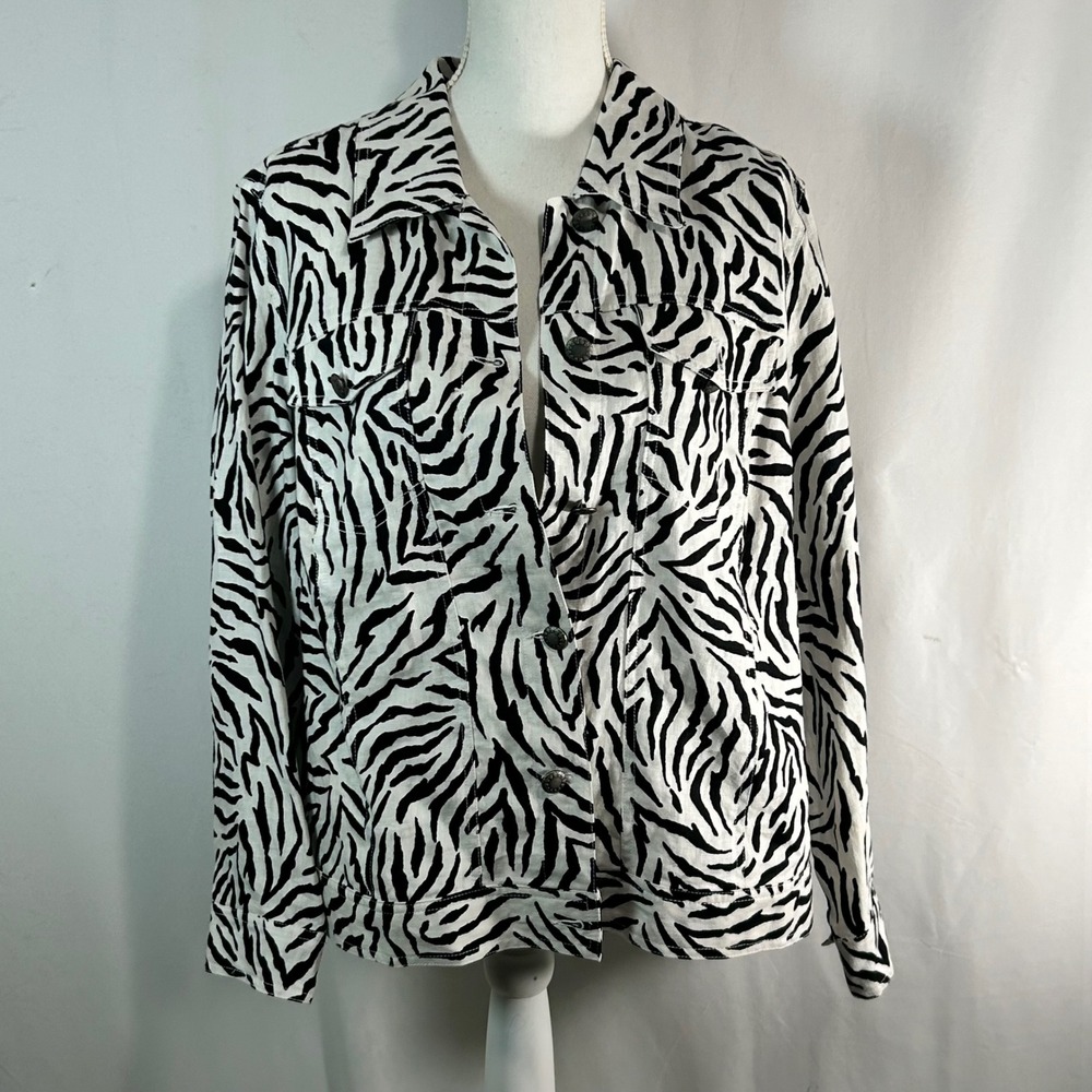 Lucy & Laurel‎ Woman Zebra Print 100% Linen Jacket Black White Plus Size 1X